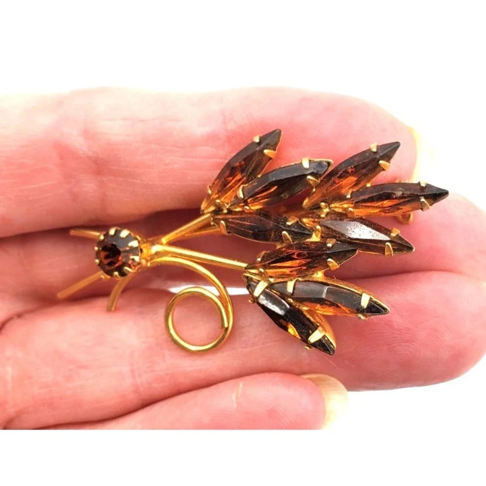 Vintage Amber Colored Rhinestone Floral Spray Quality Pin Brooch